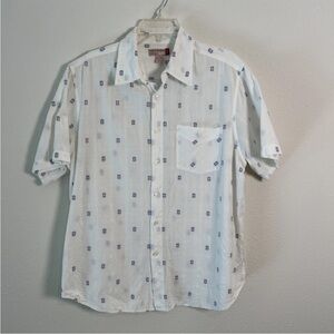 Guess Button Up Shirt Men’s Large Short Sleeve Geometric Pattern White Casual